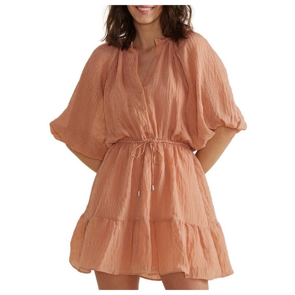 Minkpink Peach Pink Textured Mini Dress Puff Sleeve Button Front Size Medium